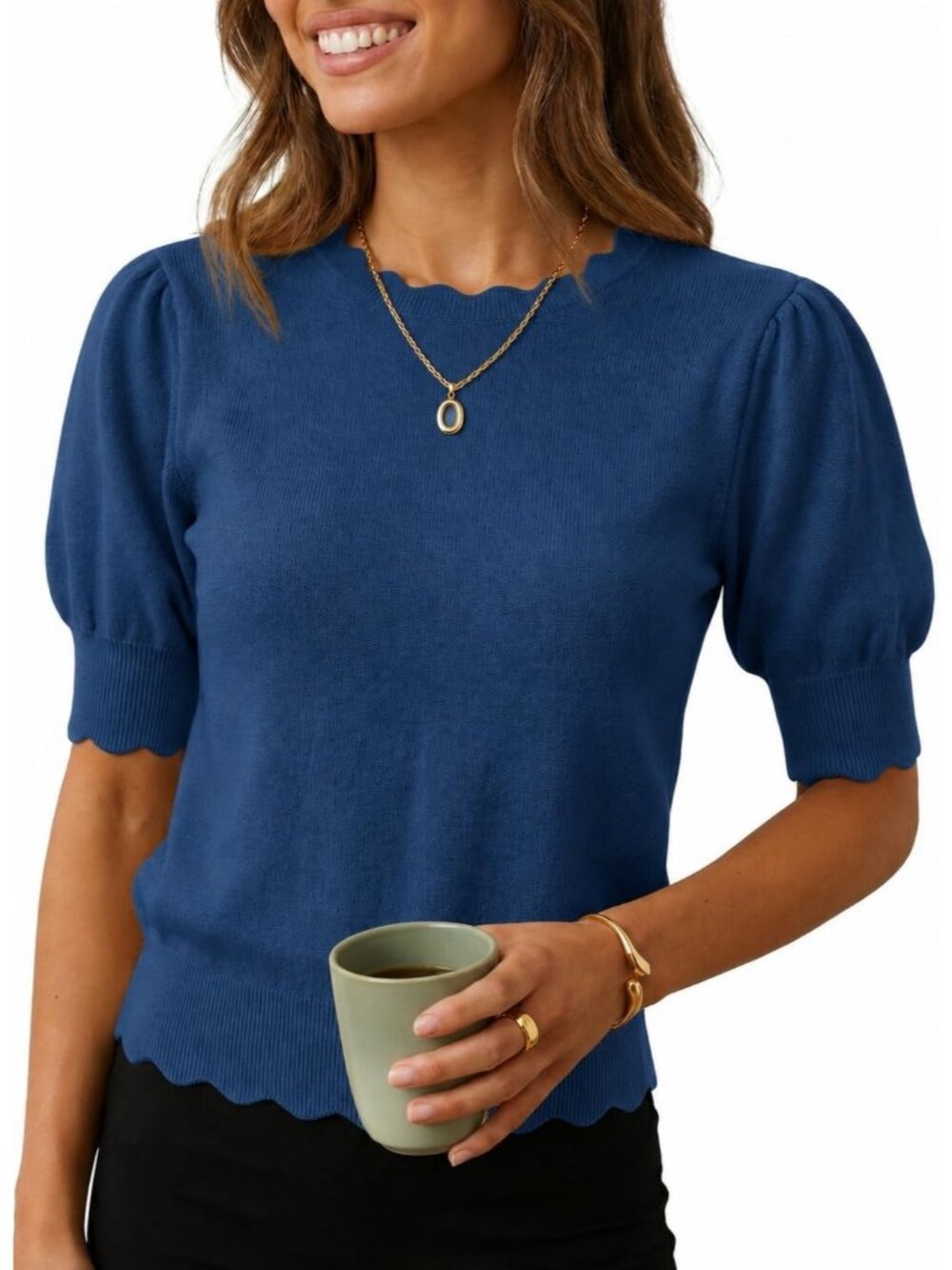 Women's Deep Ocean Blue Short Sleeve Crew Neck Pull On Imported Casual Sweater